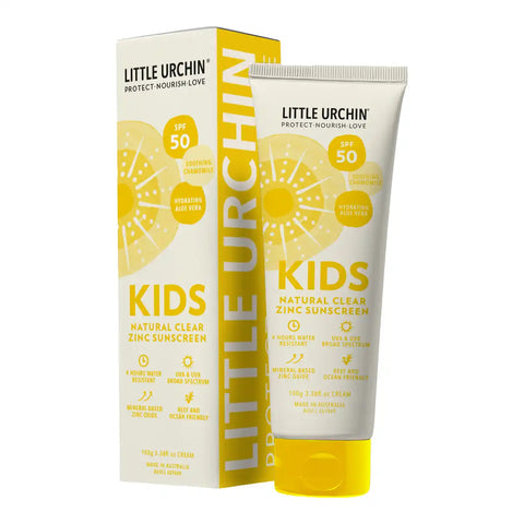 Little Urchin Kids Natural Clear Zinc Sunscreen in a yellow and white squeeze tube next to its matching retail box, featuring a lemon graphic and SPF 50 protection.