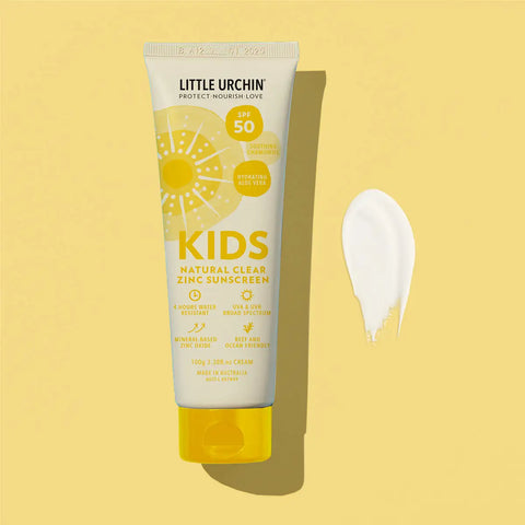 Little Urchin Kids natural clear zinc sunscreen tube on a yellow background.