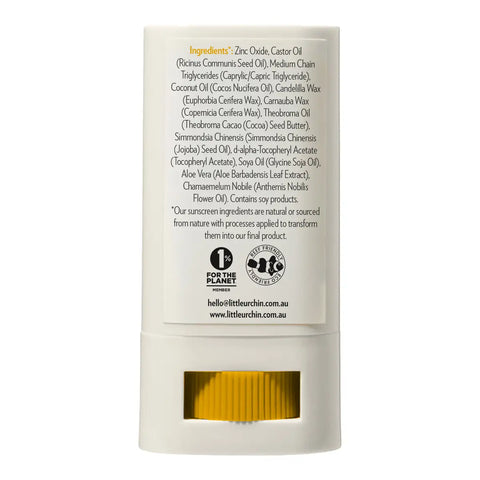 A white cylindrical cosmetic tube with a printed back panel showing ingredients and logos, photographed on a plain white background.