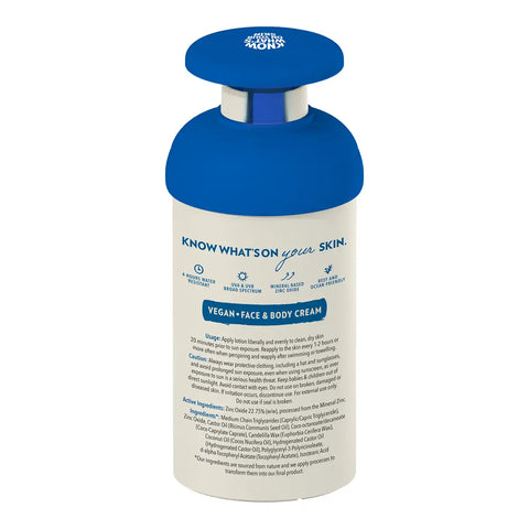 Back of pack of Little Urchin Natural Clear Zinc Sunscreen SPF 50 300g pump bottle showing the blue label panel and small print, on white