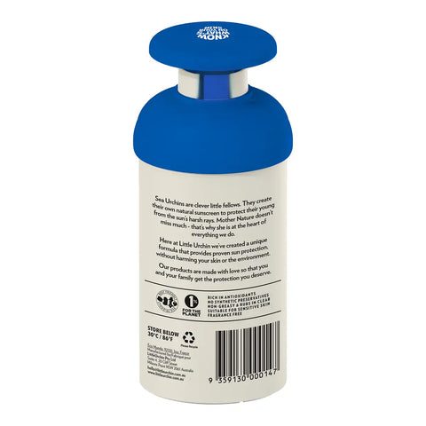 Back of pack of Little Urchin Natural Clear Zinc Sunscreen SPF 50 300g pump bottle showing the paragraph of small print and a barcode, on white