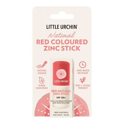 Little Urchin Natural Red Coloured Zinc Stick SPF 50+ sunscreen stick in its original retail packaging, featuring a coral-red stick on a cream card with pink text and graphics.