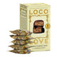 A box of Loco Love Artisan Chocolate Magic almond caramel crunch with astragalus root, shown with five individually wrapped candy packets stacked in front on a white background.