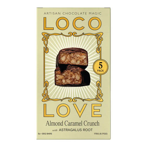 A 5-pack box of Loco Love Almond Caramel Crunch bars with Astragalus Root, featuring a cream-colored background with gold lettering and a photo of two chocolate bars with almonds and caramel.
