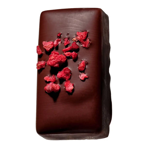 A rectangular chocolate bar with a smooth dark brown coating and scattered red dried fruit pieces on top.