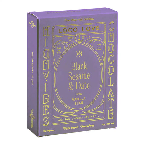 A purple and gold box of Loco Love Black Sesame & Date chocolate bars, shown at a three-quarter angle on a white background.