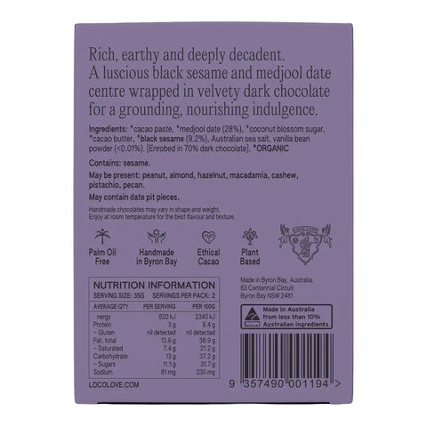 The back of a purple chocolate packaging box, showing product details, ingredients, nutrition information, and a barcode on a white background.