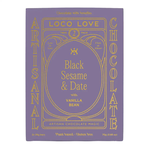 A square chocolate bar package with a lavender-purple background and gold foil-style text and border details. The center reads 'Black Sesame & Date with Vanilla Bean'.