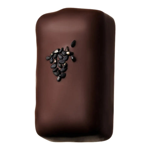 A single chocolate-covered rectangular bar, likely a chocolate bark or truffle, decorated with a small cluster of black chocolate beans on top, set against a plain white background.
