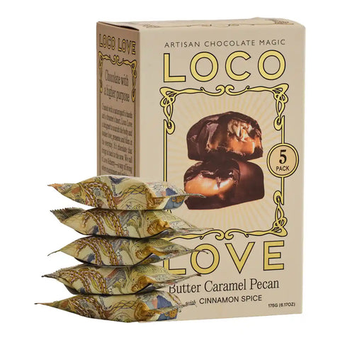 Box of Loco Love chocolate with five individual packets in front on a white background