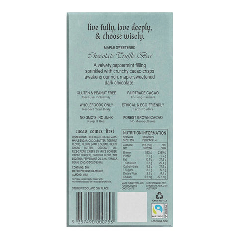 Back of Luvio peppermint bar showing product details, nutrition information, ingredients and more.
