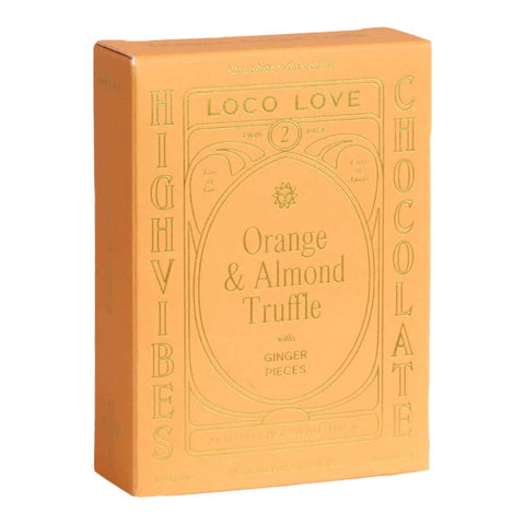 Loco Love Orange & Almond Truffle Chocolate twin pack. Orange box on a white background.