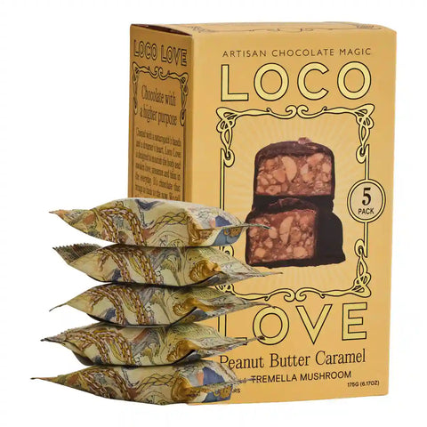 Packaging of Loco Love chocolate with five individually wrapped pieces on a white background