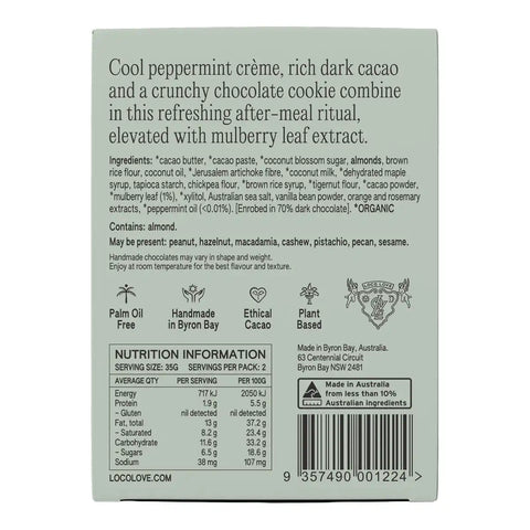 Back packaging panel of a Loco Love chocolate, showing product description, ingredients, ethical badges, nutrition info, and barcode on a light gray background.