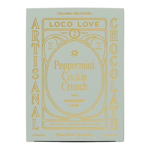 A rectangular box of Loco Love Peppermint Cookie Crunch chocolate bars, featuring a pale mint green background with gold foil-style text and decorative borders.