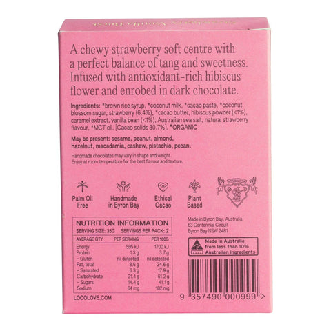 Back of strawberry twin pack showing ingredients, description of the chocolate and more product details.
