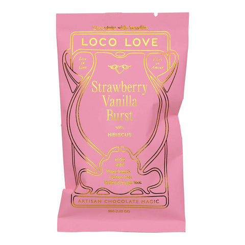 Pink packaging of Loco Love Strawberry Vanilla Burst chocolate with gold text on a white background