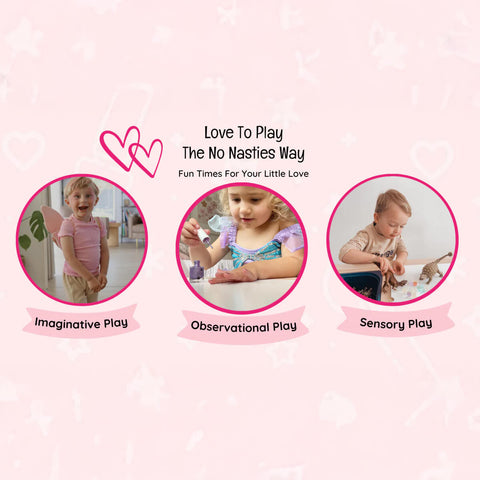 Promotional graphic for 'Love To Play The No Nasties Way' with images of children playing and text on a pink background.