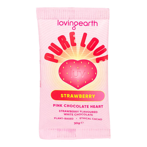 Front view of wrapper for strawberry flavoured vegan white chocolate.