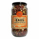 A glass jar of Eros Love & Vitality granola by Mindful Foods Brighton Bay, featuring a black lid and a beige label with orange accents, set against a plain white background.