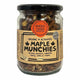A glass jar of Mindful Foods Byron Bay Organic & Activated Maple Munchies, filled with mixed nuts (pecans, walnuts, cinnamon) and topped with a black lid, on a white background.