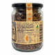 A glass jar of Mindful Foods organic activated pecans on a white background, showing the back of the kraft paper label with ingredients, nutrition facts, and a barcode.