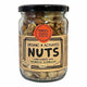 A glass jar of Mindful Foods Byron Bay Organic & Activated Nuts, long-soaked with probiotic kombucha, featuring a kraft paper label and a black lid, shown on a white background.