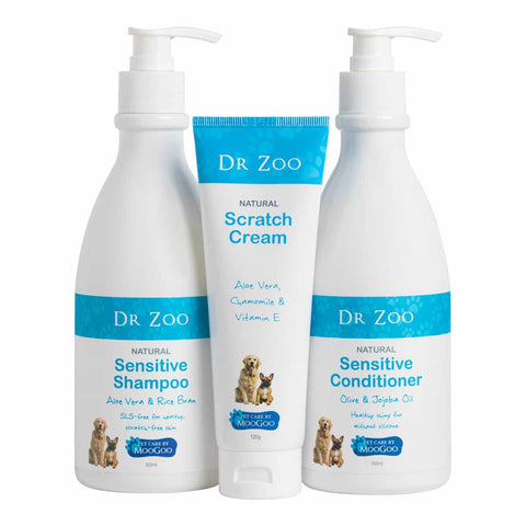 Dr. Zoo pet care products including shampoo, scratch cream, and conditioner on a white background