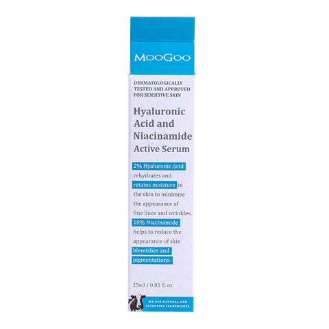 MooGoo Hyaluronic Acid and Niacinamide Active Serum packaging on a white background