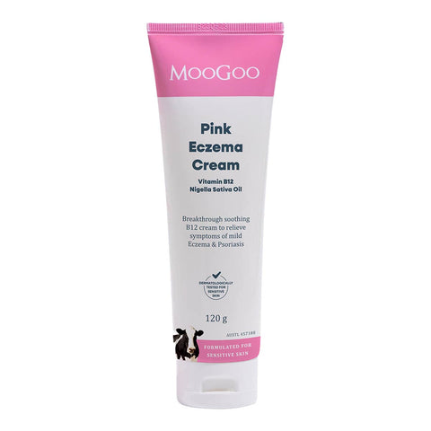 MooGoo Pink Eczema Cream tube on a white background
