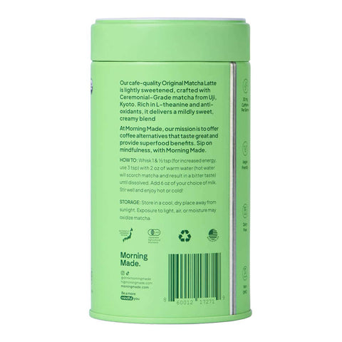 Green container with matcha latte packaging on a white background