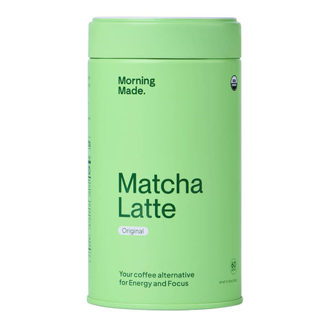 Green container of 'Matcha Latte' with branding on a white background