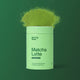 Green container of 'Matcha Latte' powder with 'Morning Made' branding on a green background