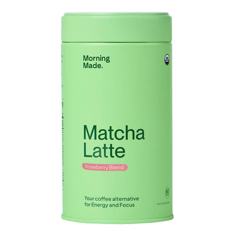 Green container of Matcha Latte with 'Morning Made' branding on a white background