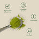 Spoonful of green matcha powder with health benefits icons and text on a beige background