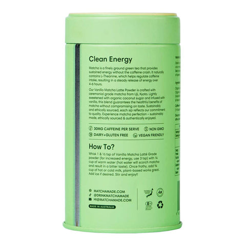 Green container of 'Clean Energy' matcha powder with text on a white background