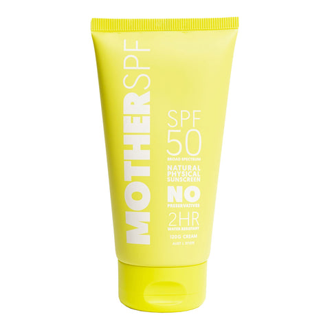 Yellow tube of Mother SPF sunscreen with SPF 50 on a white background