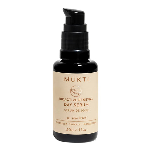 A 30ml pump bottle of MUKTI Bioactive Renewal Day Serum, featuring a black bottle and cap with a beige label on a white background.