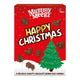 Mummy Meegz Happy Christmas chocolate advent box, featuring a red box with white and gold lettering, a green Christmas tree, and several chocolate pieces scattered.