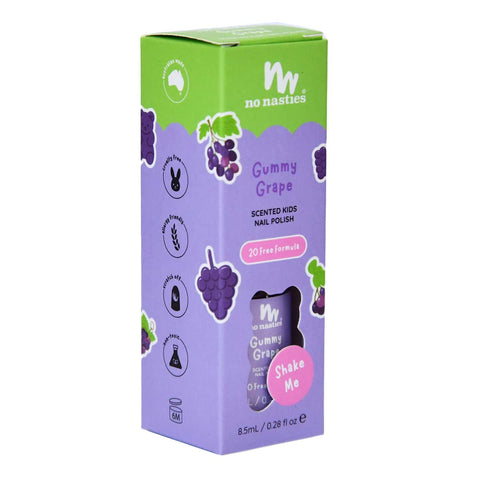 Side view of No Nasties Gummy Grape scented kids nail polish packaging on a white background.