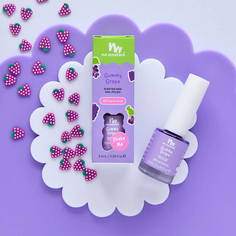 No Nasites Gummy Grape scented kids nail polish with packaging on a purple background.