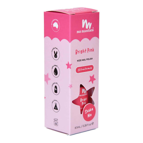 No Nasties Kids Water-Based Nail Polish - Bright Pink Box Packaging. Cruelty free, scratch-off formula.