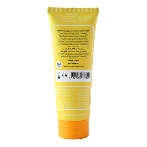 Yellow & orange tube of No Nasties Slick Kids Hair Paste with text & symbols on a white background.