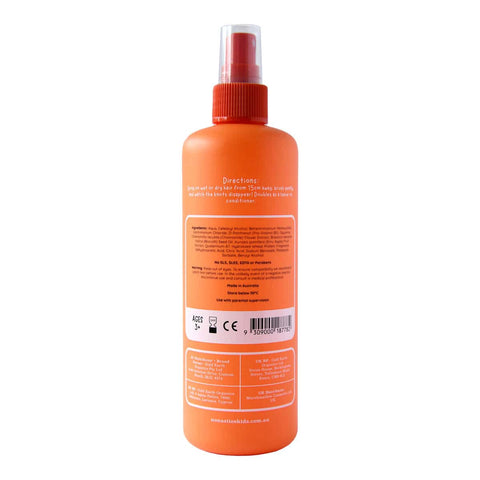 Back of 250ml orange spray bottle of kids hair detangler with directions and ingredients. 