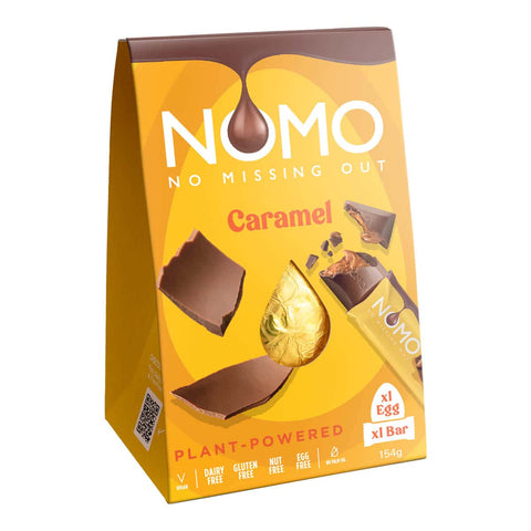 NOMO caramel chocolate bar packaging on a white background.