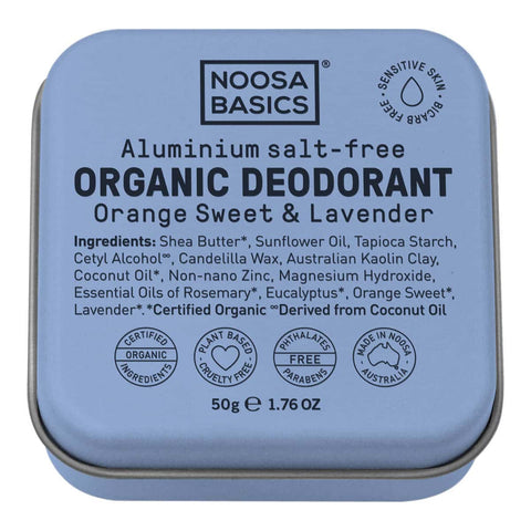 50g Noosa Basics organic deodorant cream tin with orange sweet & lavender flavour. Blue tin on a white background.