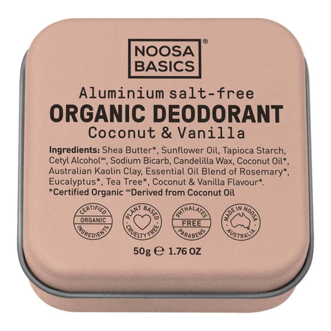 50g Noosa Basics organic deodorant cream tin with coconut & vanilla flavour. Pink-beige tin on a white background. 