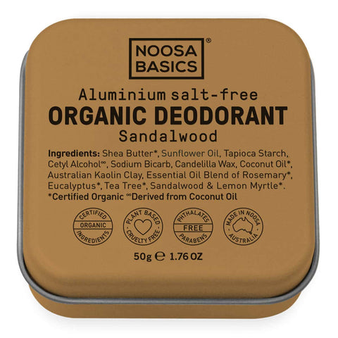 50g Noosa Basics organic deodorant cream tin with sandalwood flavour. Woody yellow-beige tin on a white background. 
