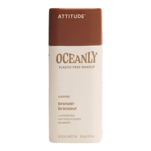 Oceanly plastic free bronzer stick - coffee shade with brown cap on a white background.