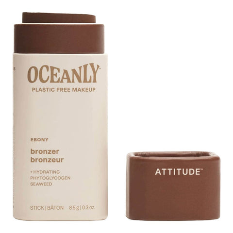 8.5g stick of Oceanly ebony bronzer in cardboard packaging on a white background with the cap off. 